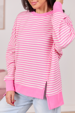 Kara Pink And White Stripe Waffle Pullover